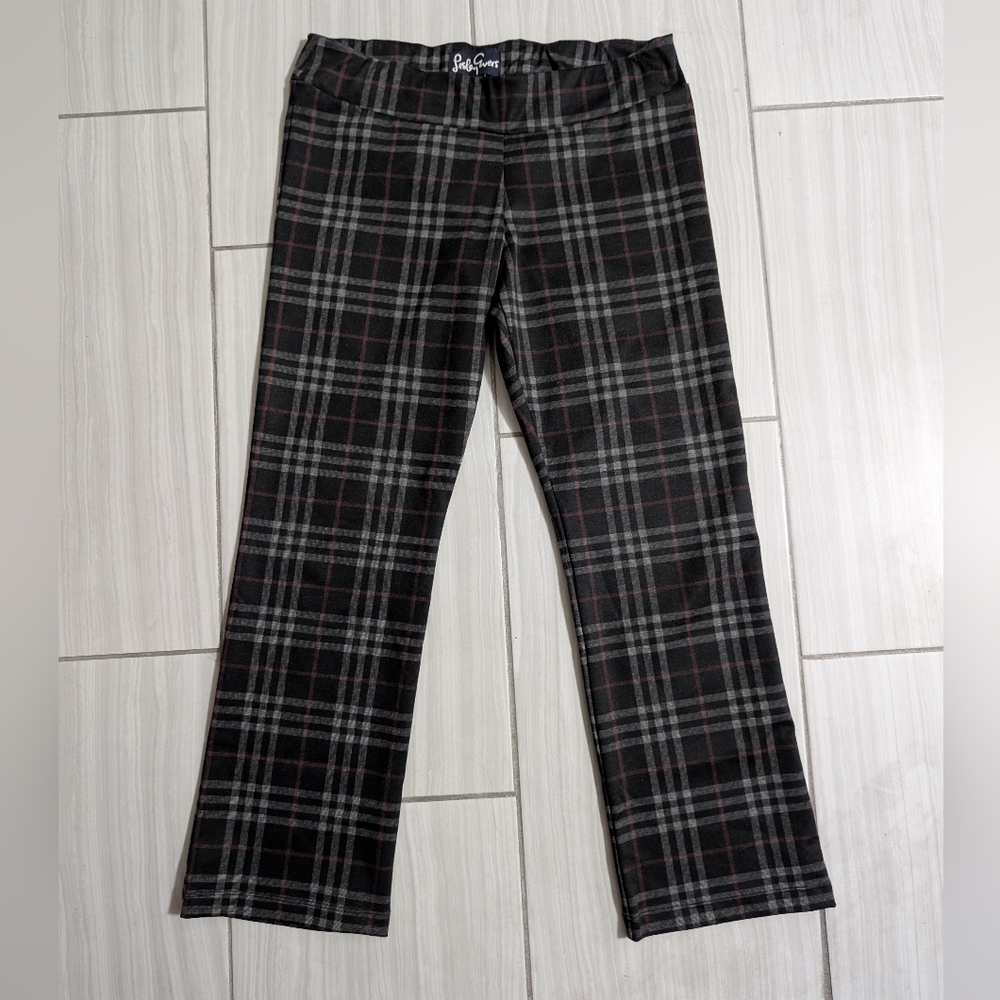 Lesley Evers Pants Womens Medium M Stretch Pull-On Plaid Check Straight Leg Grey